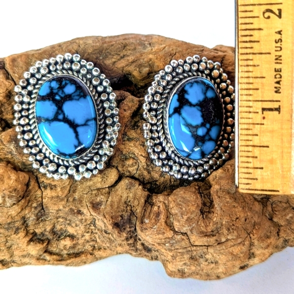 Large Vintage Turquoise Native American Paul Livingston Sterling Silver Earrings - Picture 2 of 4